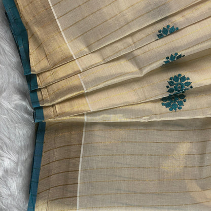 Kerala Saree with Body Full Striped Floral Embroidery Blue