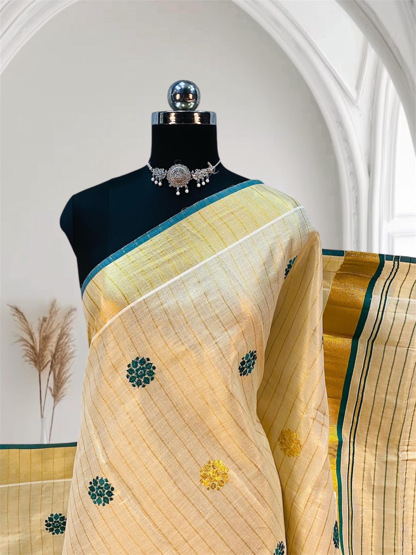 Kerala Saree with Body Full Striped Floral Embroidery Blue