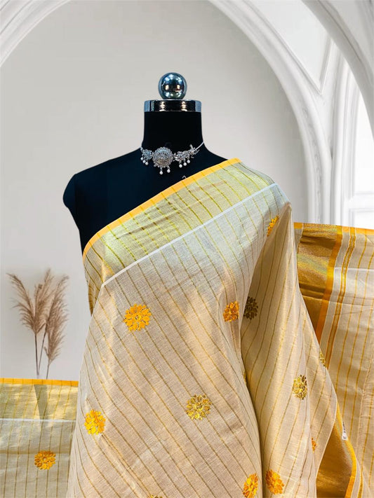Kerala Saree with Body Full Striped Floral Embroidery Yellow