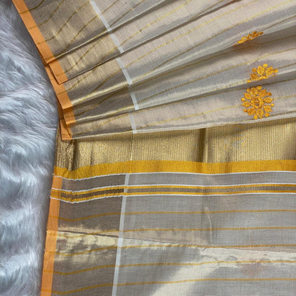 Kerala Saree with Body Full Striped Floral Embroidery Yellow