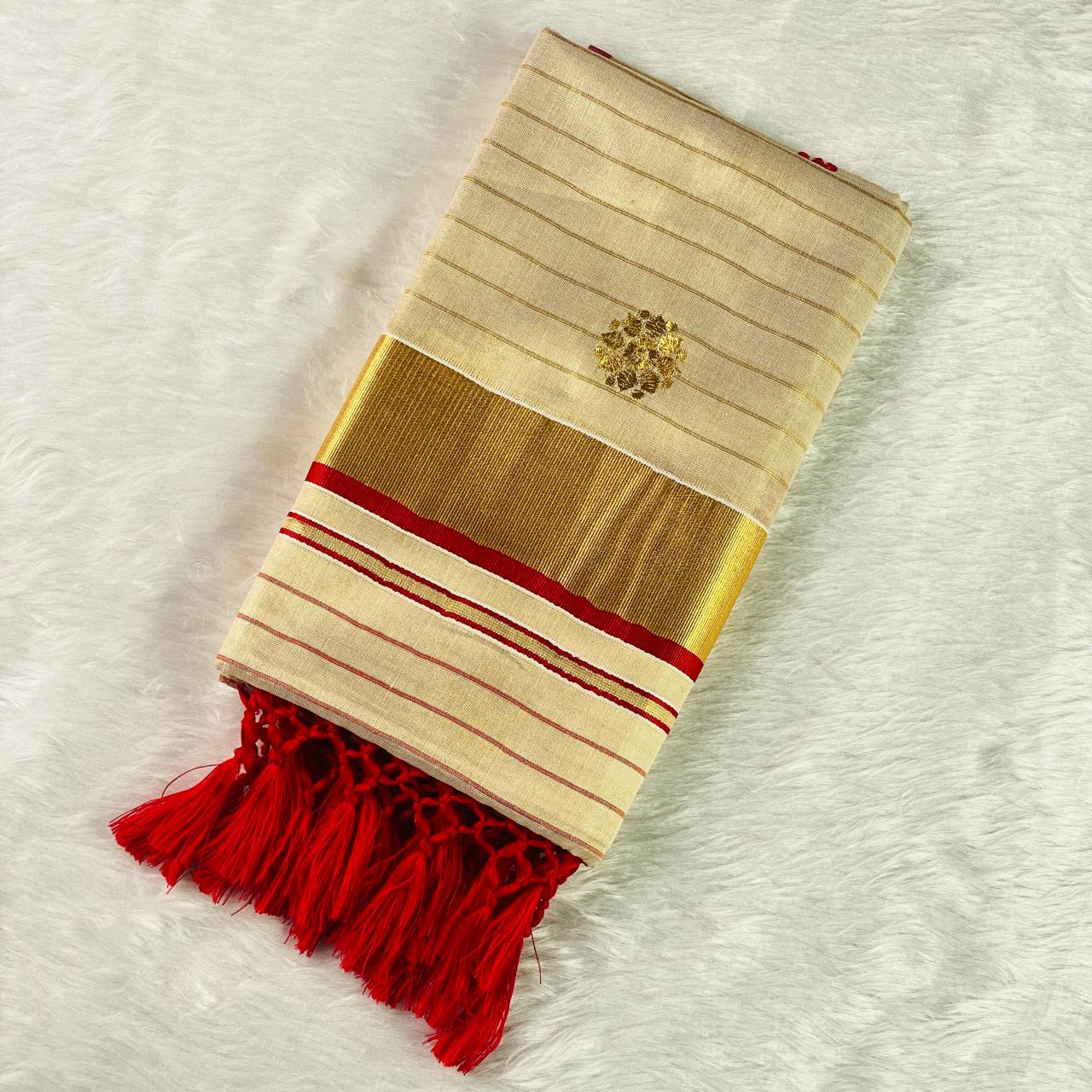 Kerala Saree with Body Full Striped Floral Embroidery Red