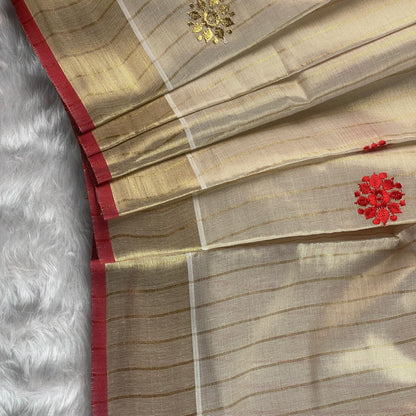 Kerala Saree with Body Full Striped Floral Embroidery Red