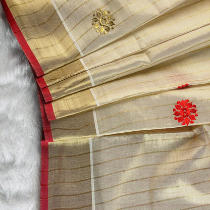 Kerala Saree with Body Full Striped Floral Embroidery Red