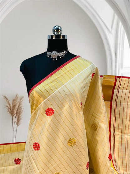 Kerala Saree with Body Full Striped Floral Embroidery Red