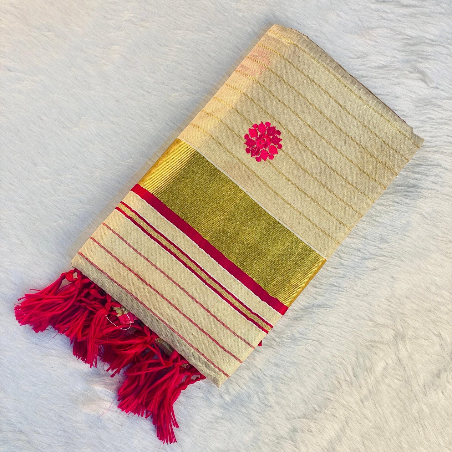 Kerala Saree with Body Full Striped Floral Embroidery Pink