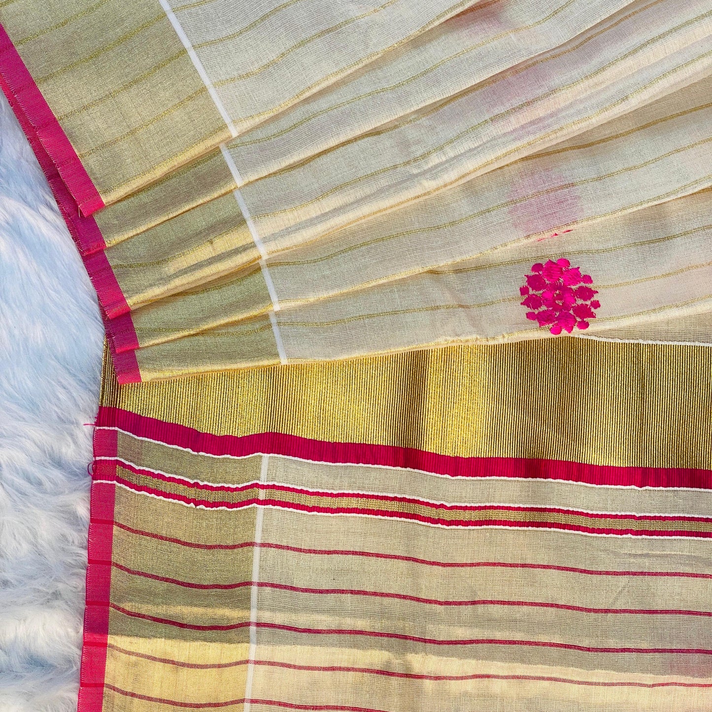 Kerala Saree with Body Full Striped Floral Embroidery Pink