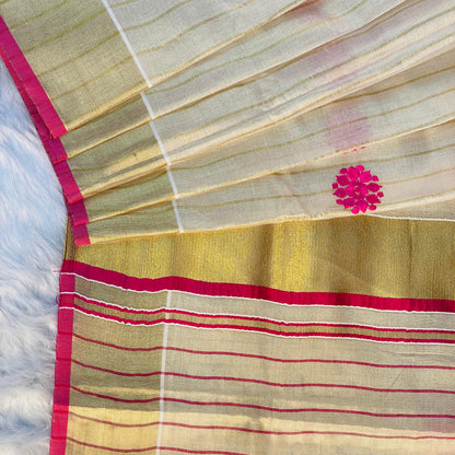 Kerala Saree with Body Full Striped Floral Embroidery Pink