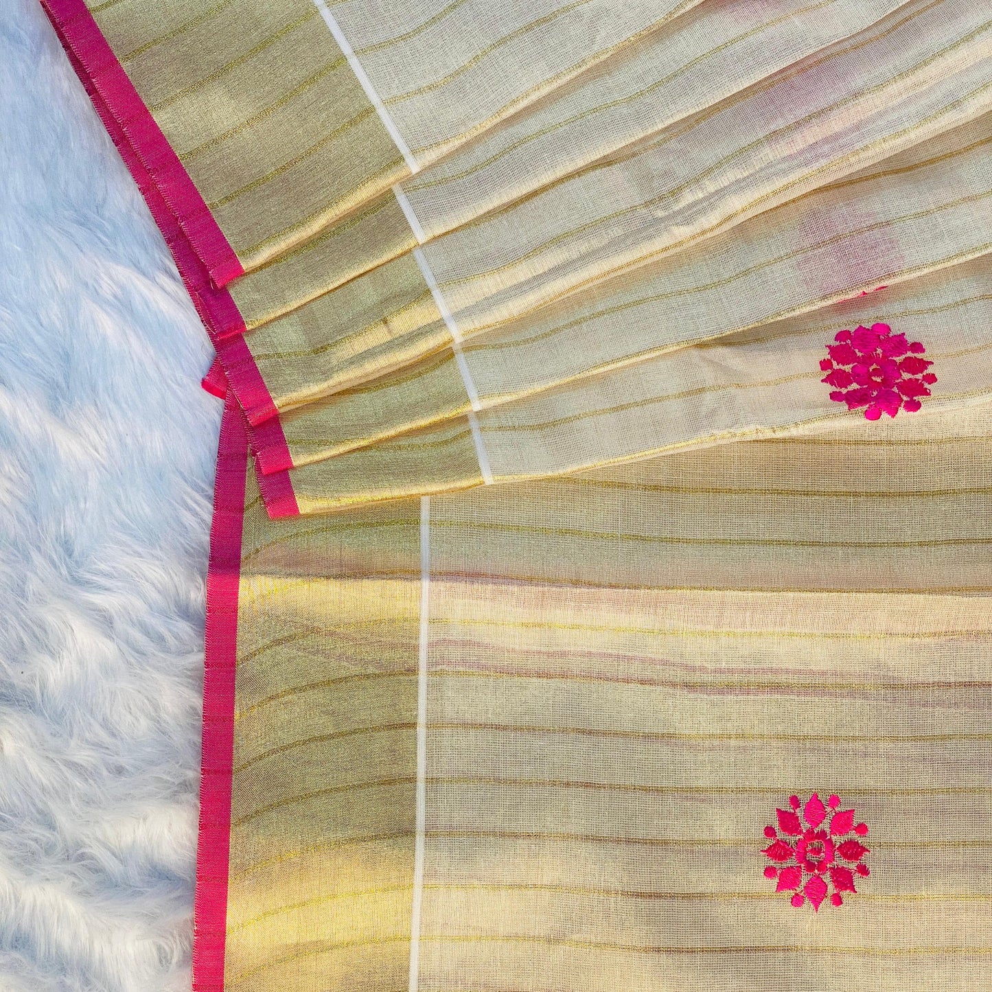 Kerala Saree with Body Full Striped Floral Embroidery Pink