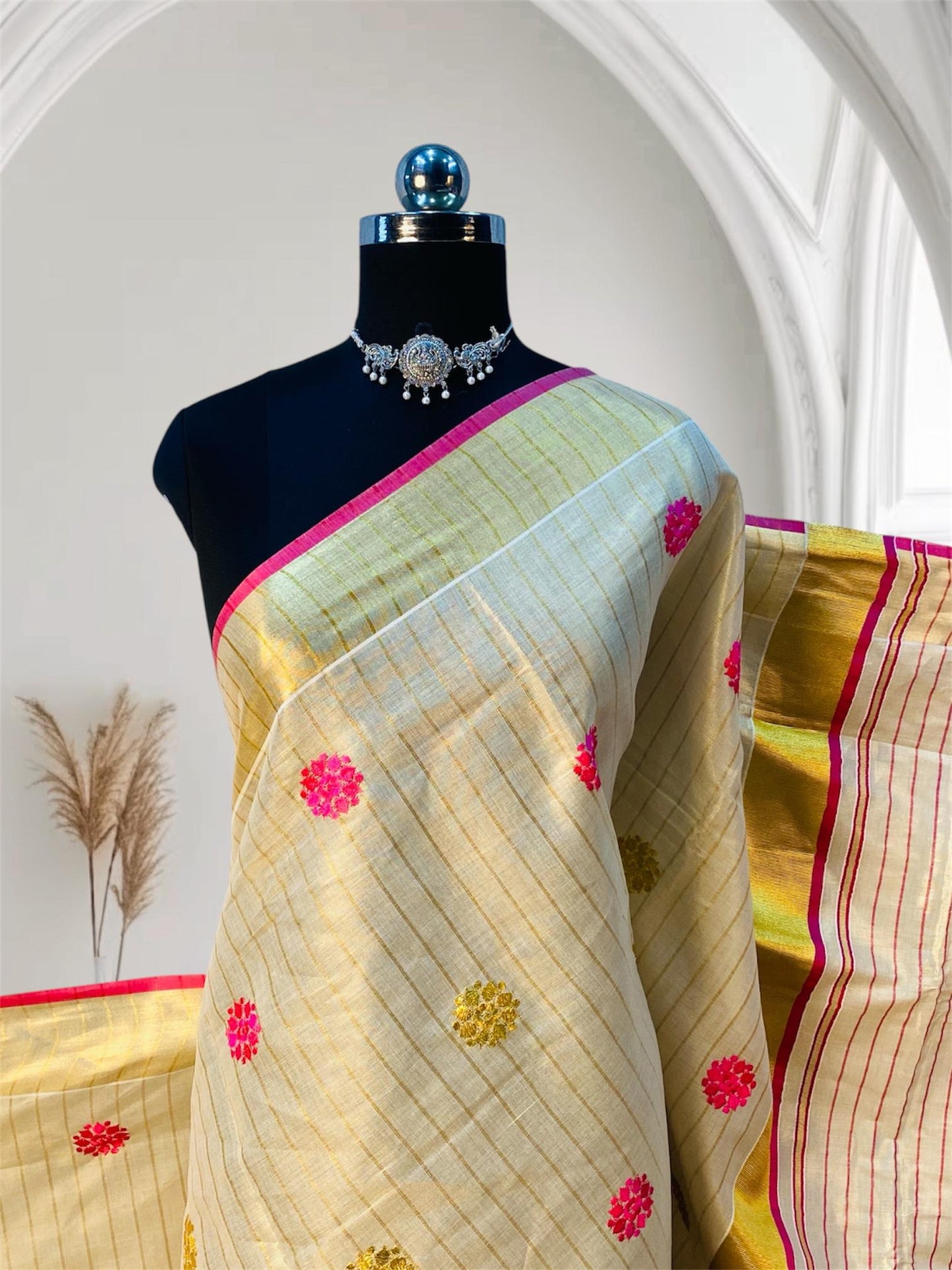 Kerala Saree with Body Full Striped Floral Embroidery Pink