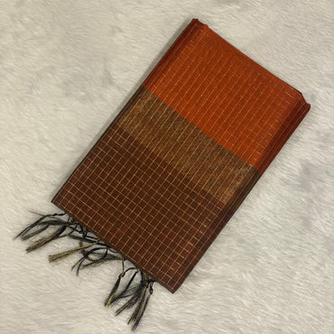 Chanderi Silk Manjari Checks Saree with triangle pattern Border Orange