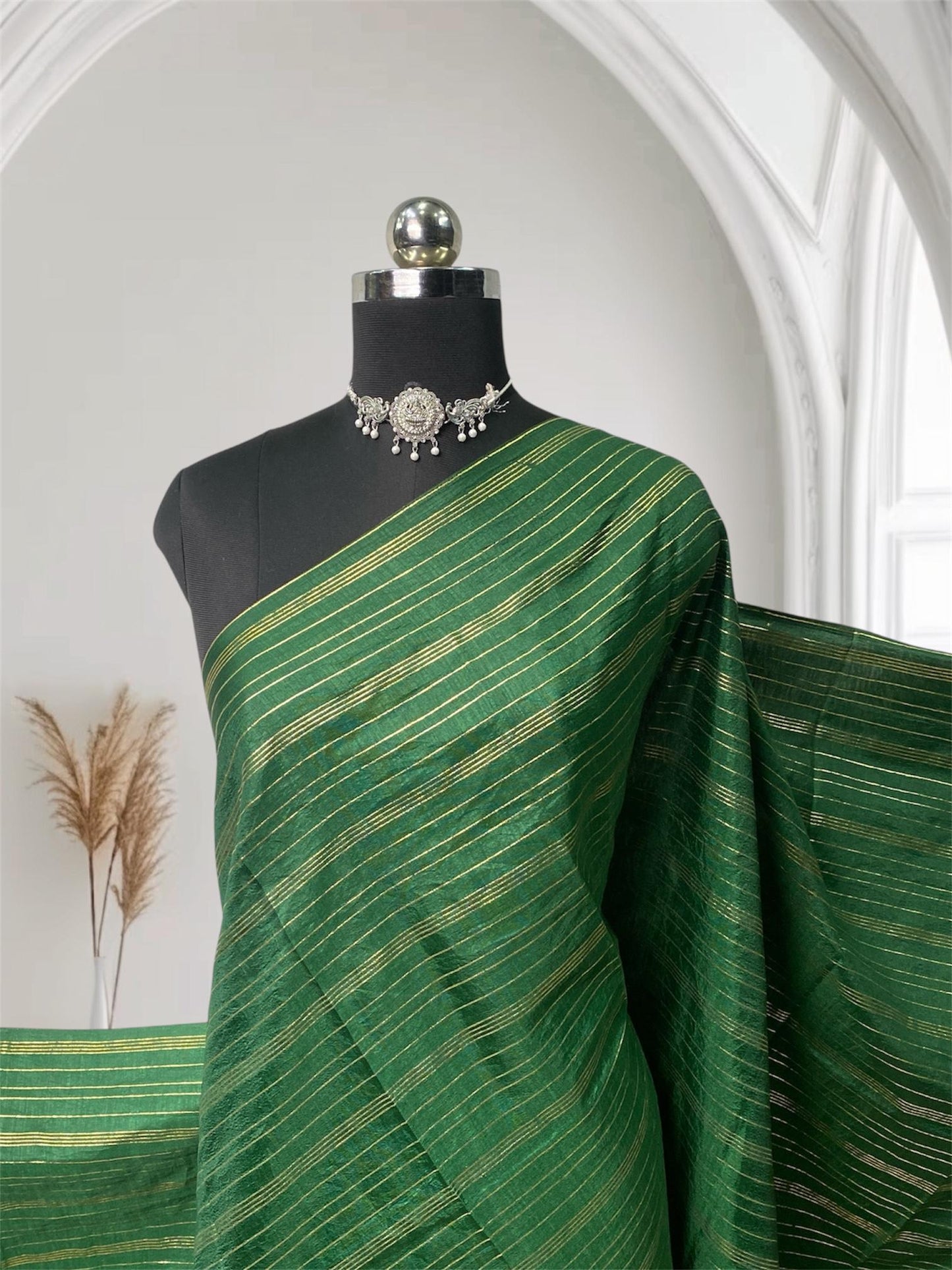 Vichithra Silk Saree in Golden Lines Green