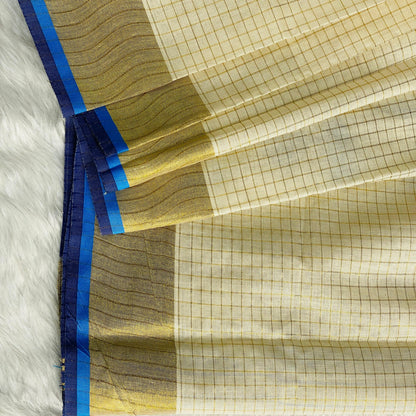 Revathi Checkered Kerala Kasavu Saree with Golden & Blue Border with Tassels