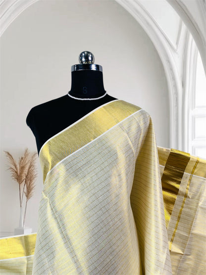 Traditional Tissue Gold Kerala Saree with Checks