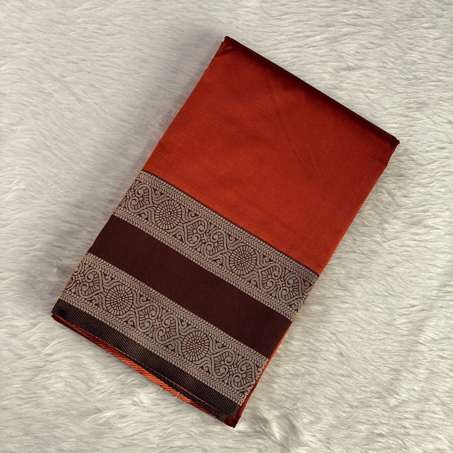 Khushi Soft Silk Plain Saree with Double Golden line Border Burnt Orange
