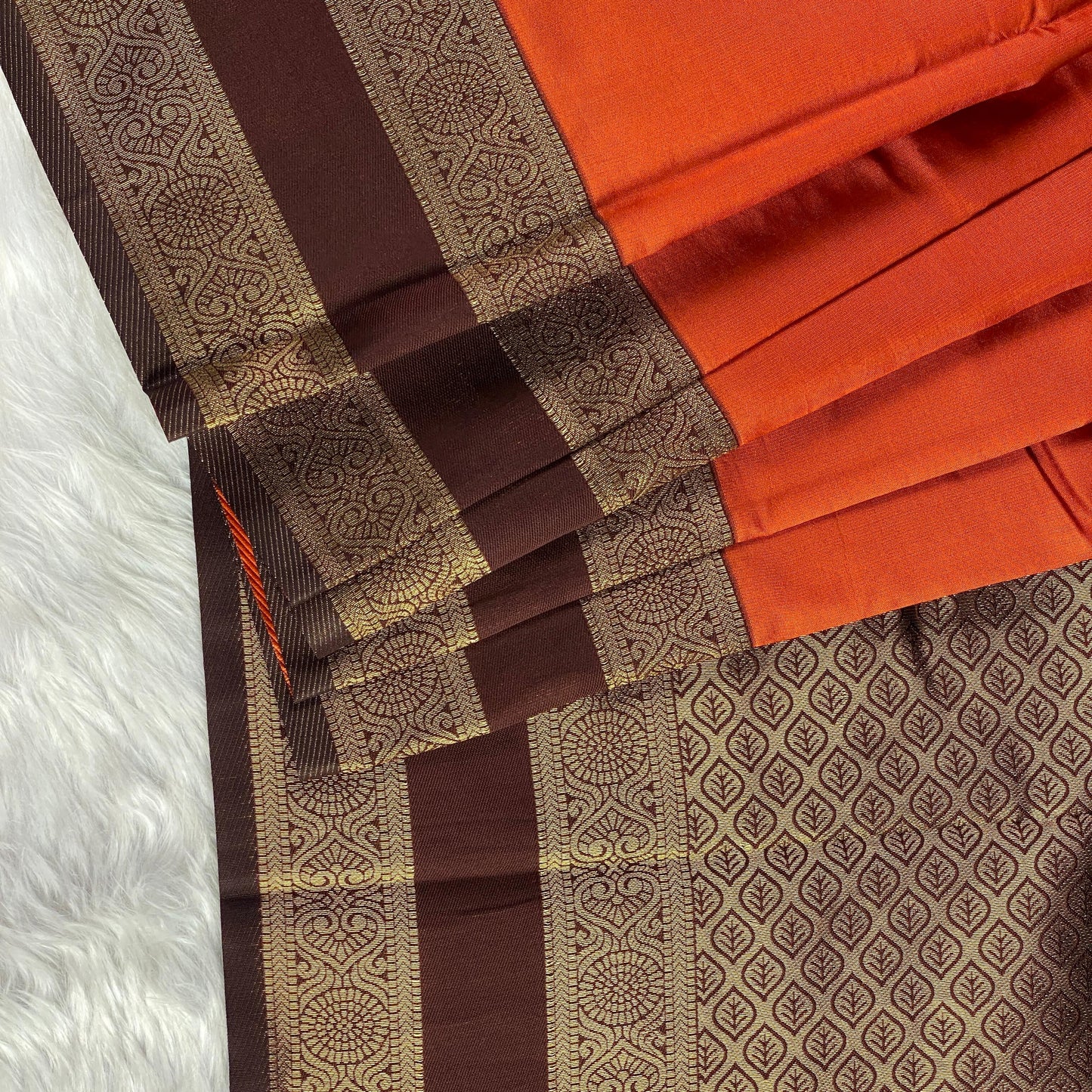 Khushi Soft Silk Plain Saree with Double Golden line Border Burnt Orange