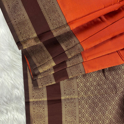 Khushi Soft Silk Plain Saree with Double Golden line Border Burnt Orange