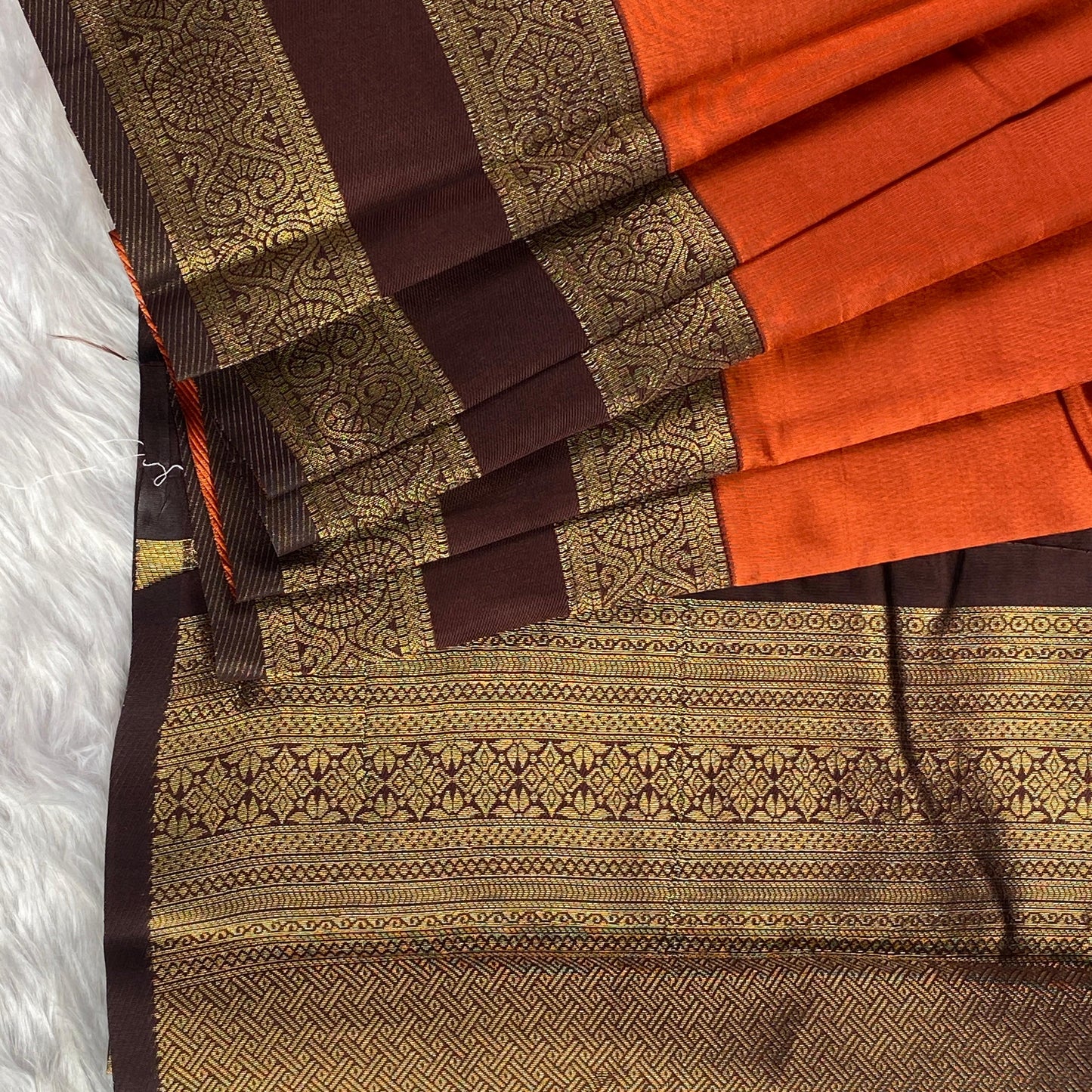 Khushi Soft Silk Plain Saree with Double Golden line Border Burnt Orange