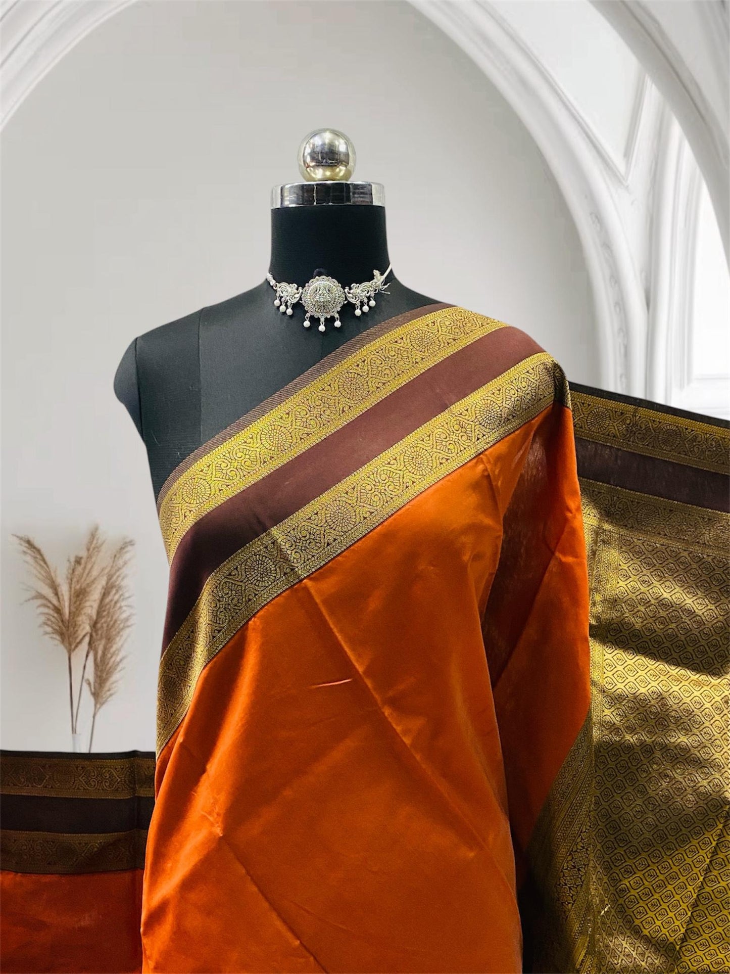 Khushi Soft Silk Plain Saree with Double Golden line Border Burnt Orange
