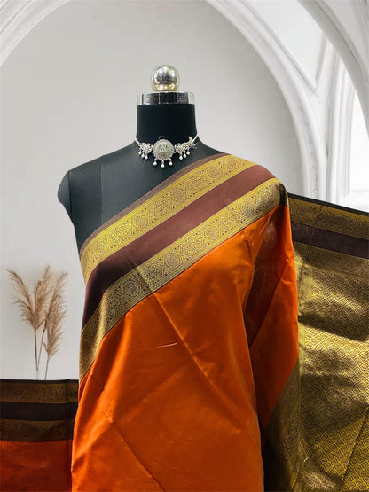 Khushi Soft Silk Plain Saree with Double Golden line Border Burnt Orange