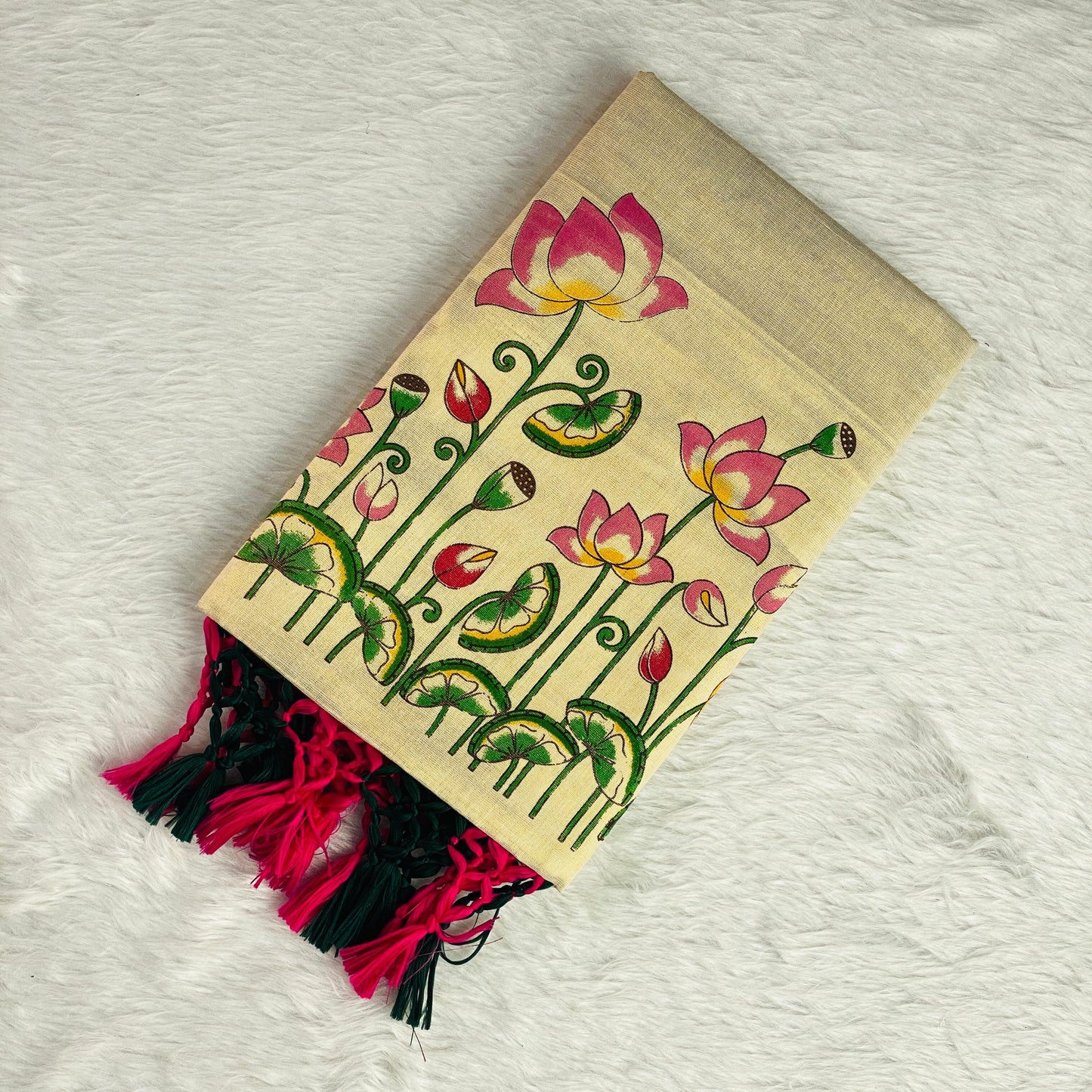 Kamalam Tissue Lotus and Peacock Digital Print Cotton Saree