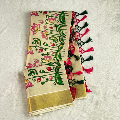 Kamalam Tissue Lotus and Peacock Digital Print Cotton Saree