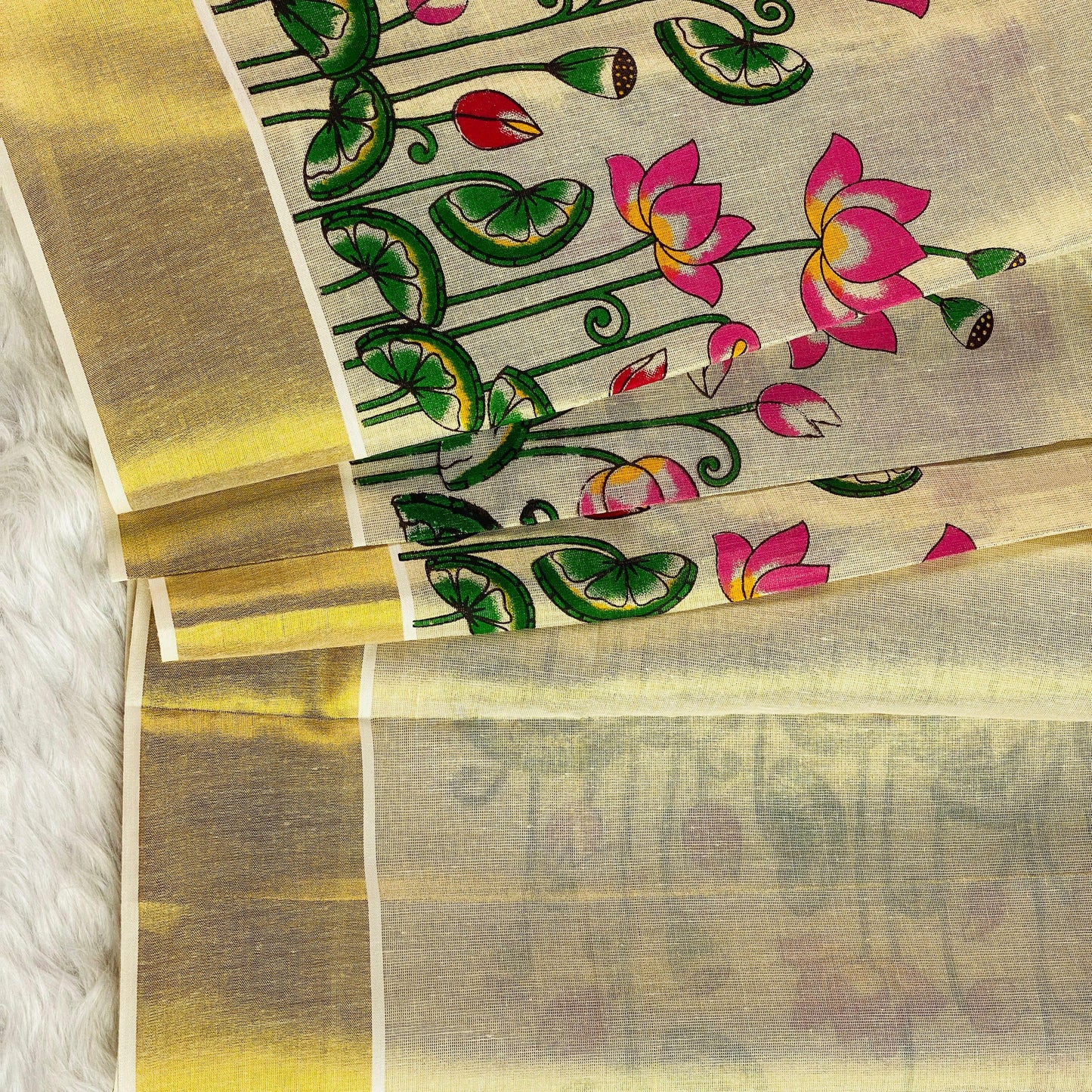 Kamalam Tissue Lotus and Peacock Digital Print Cotton Saree