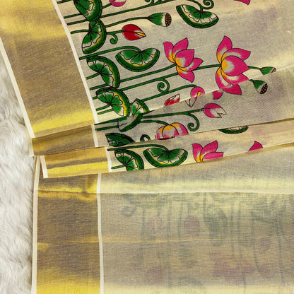 Kamalam Tissue Lotus and Peacock Digital Print Cotton Saree