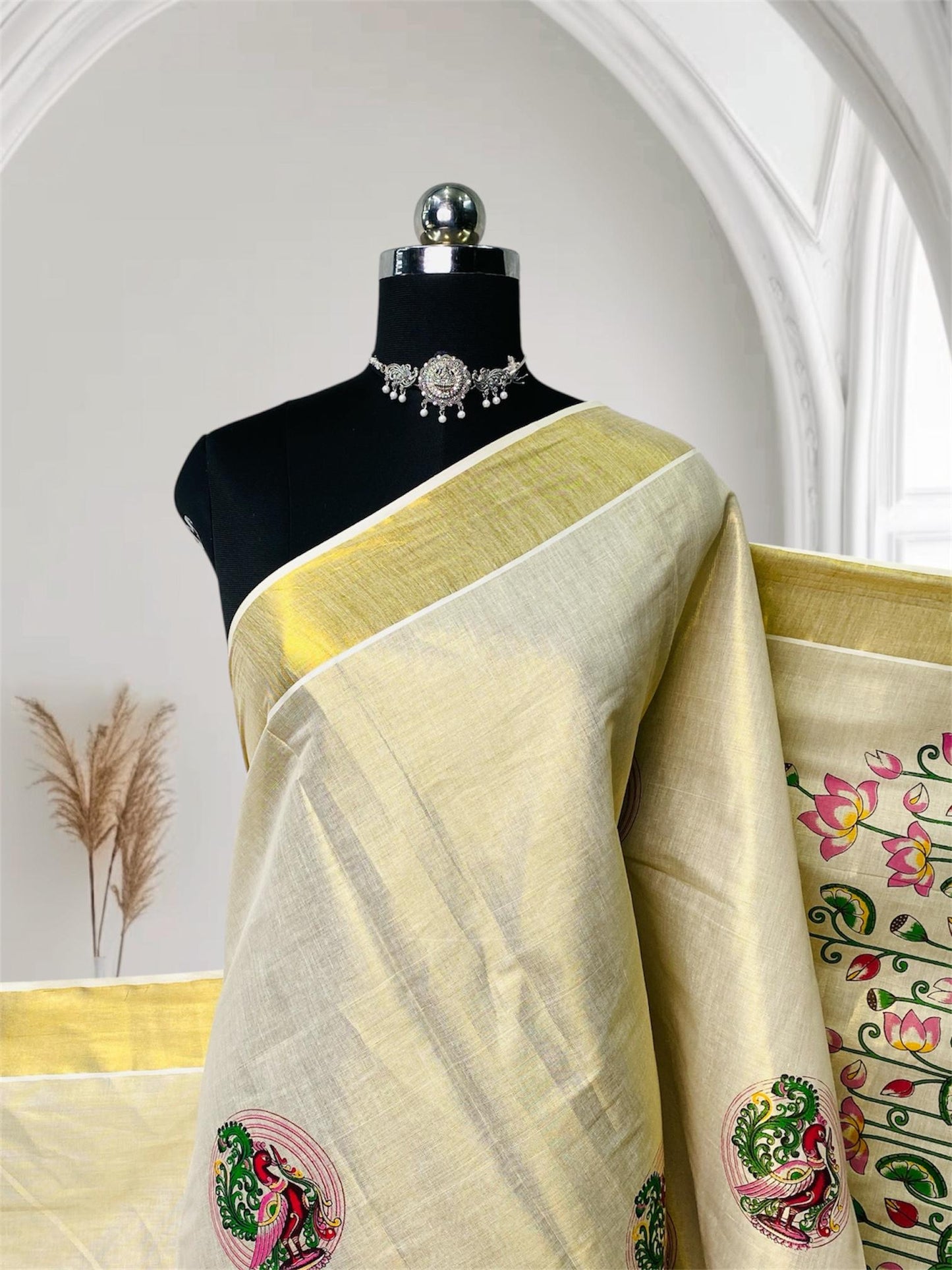 Kamalam Tissue Lotus and Peacock Digital Print Cotton Saree