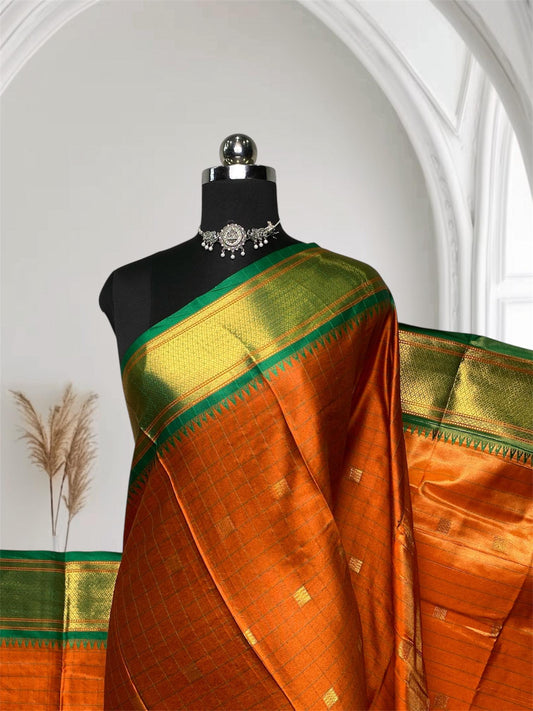 Avani Soft Silk lines Orange Saree with Green Border