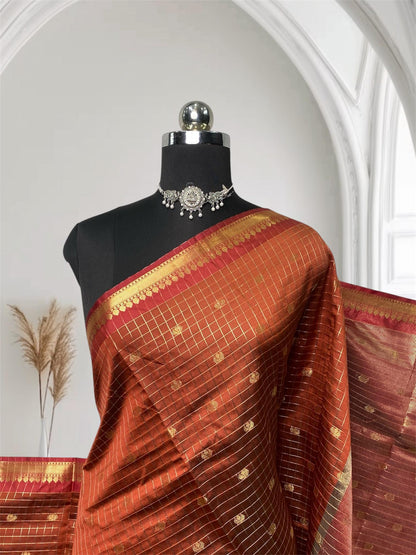 Athreya Semi Silk Checks with Butta design Burnt Orange
