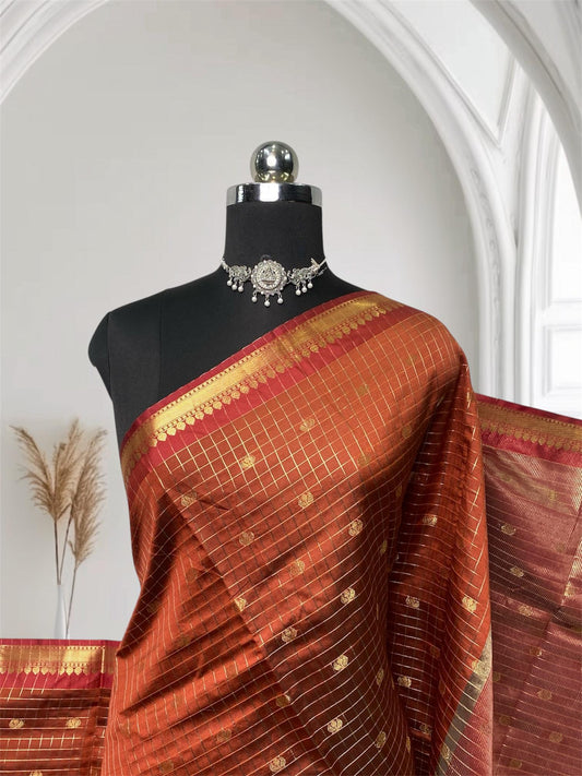 Athreya Semi Silk Checks with Butta design Burnt Orange