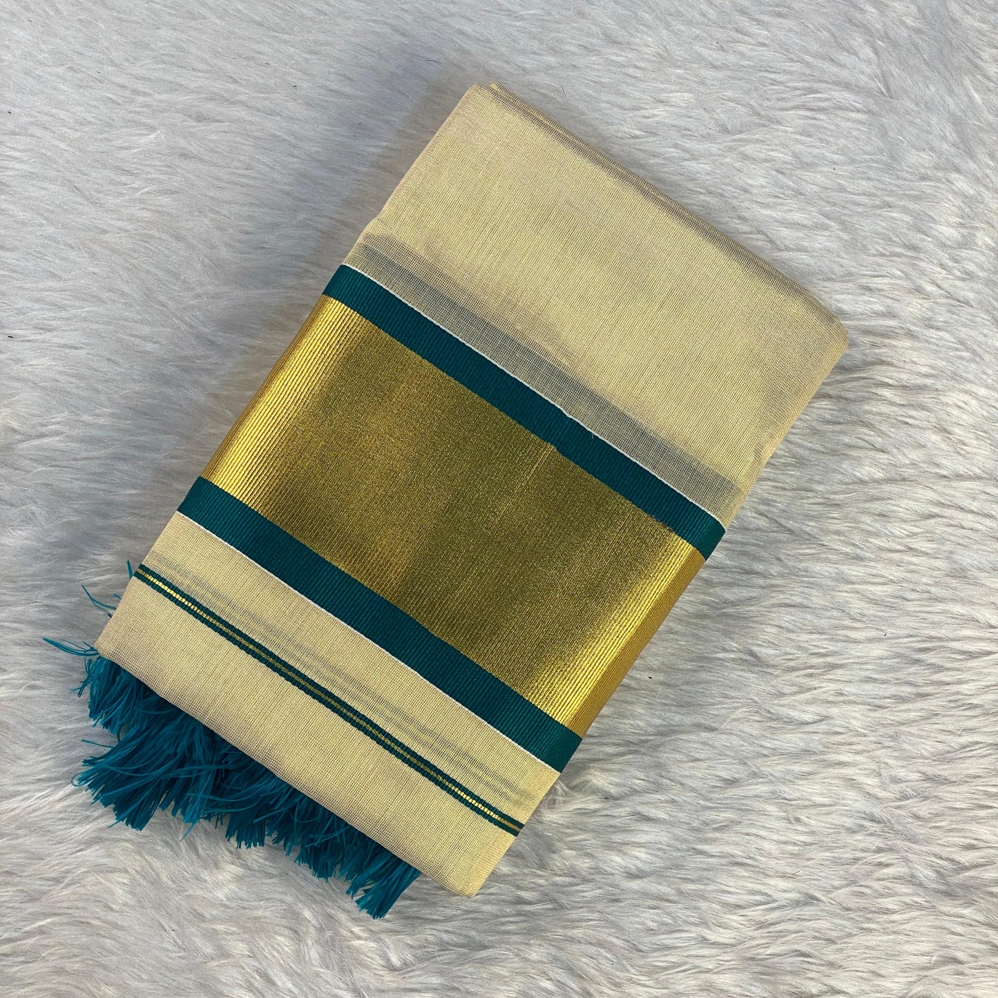 Thiruvathira Tissue Set Mundu with Golden Border and Tassels Peacock Green