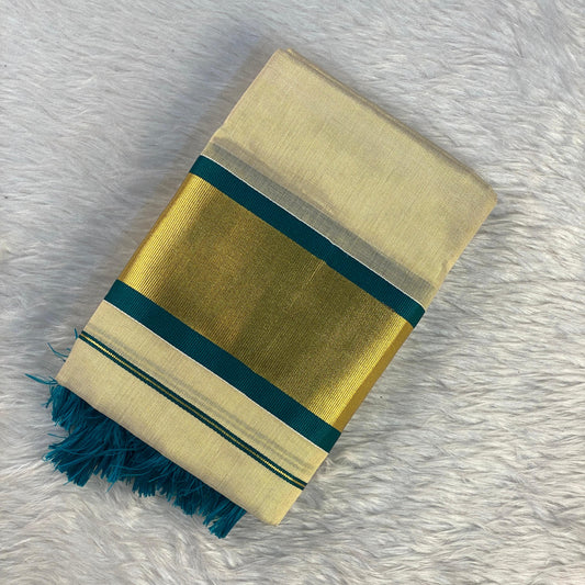 Thiruvathira Tissue Set Mundu with Golden Border and Tassels Peacock Green