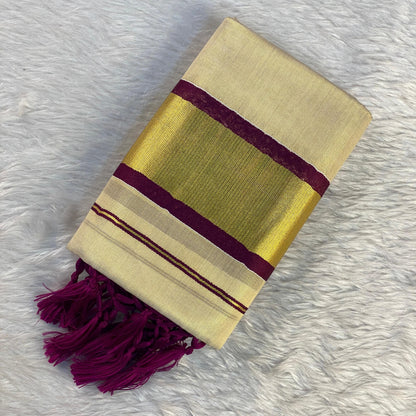 Thiruvathira Tissue Set Mundu with Golden Border and Tassels Purple