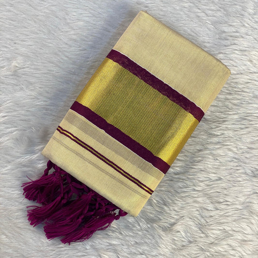 Thiruvathira Tissue Set Mundu with Golden Border and Tassels Purple