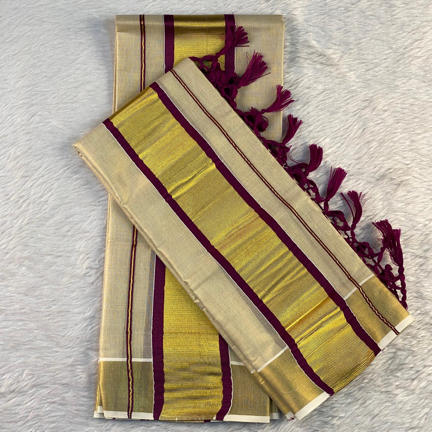 Thiruvathira Tissue Set Mundu with Golden Border and Tassels Purple