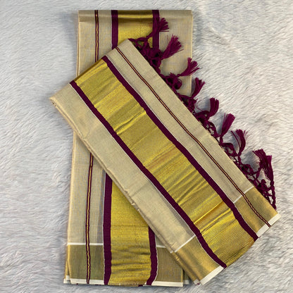 Thiruvathira Tissue Set Mundu with Golden Border and Tassels Purple