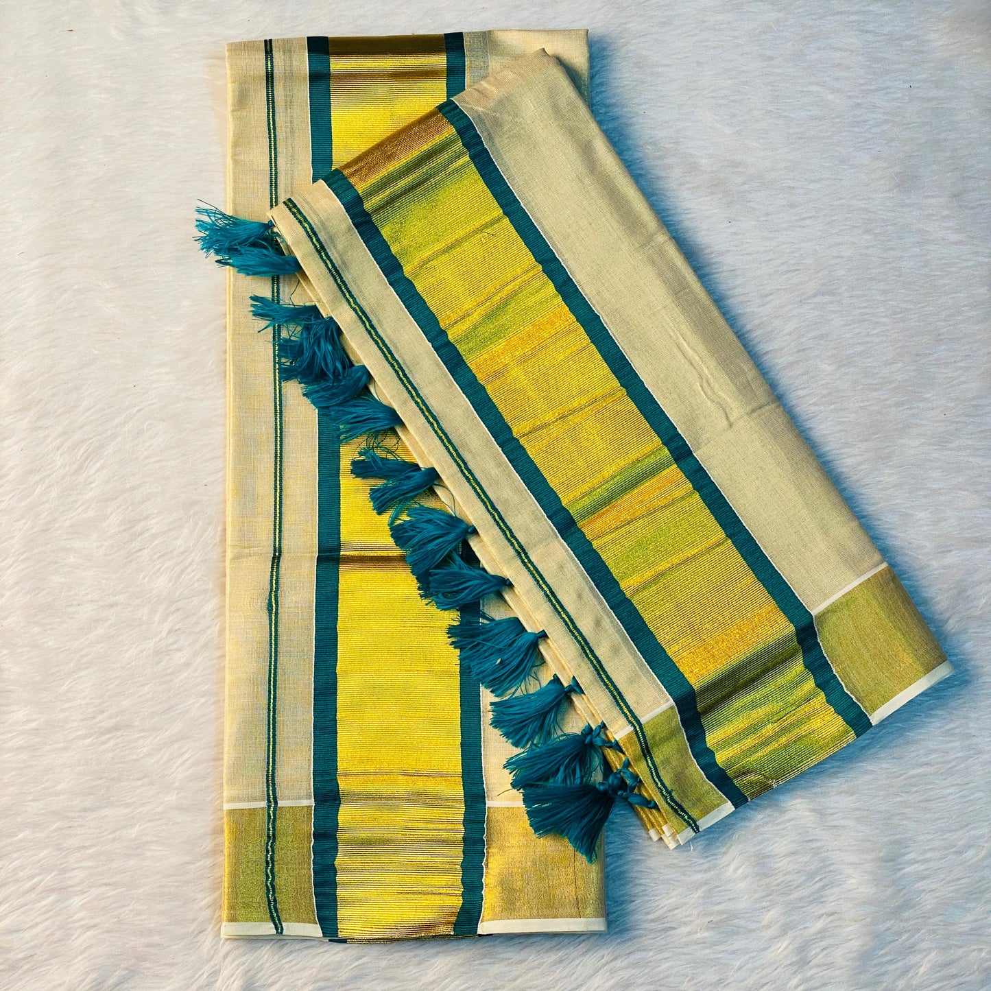 Thiruvathira Tissue Set Mundu with Golden Border and Tassels Peacock Green