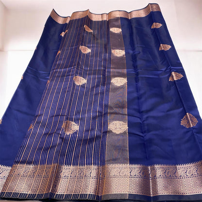 Seetha Soft Silk Sareewith Golden Floral Zari Blue