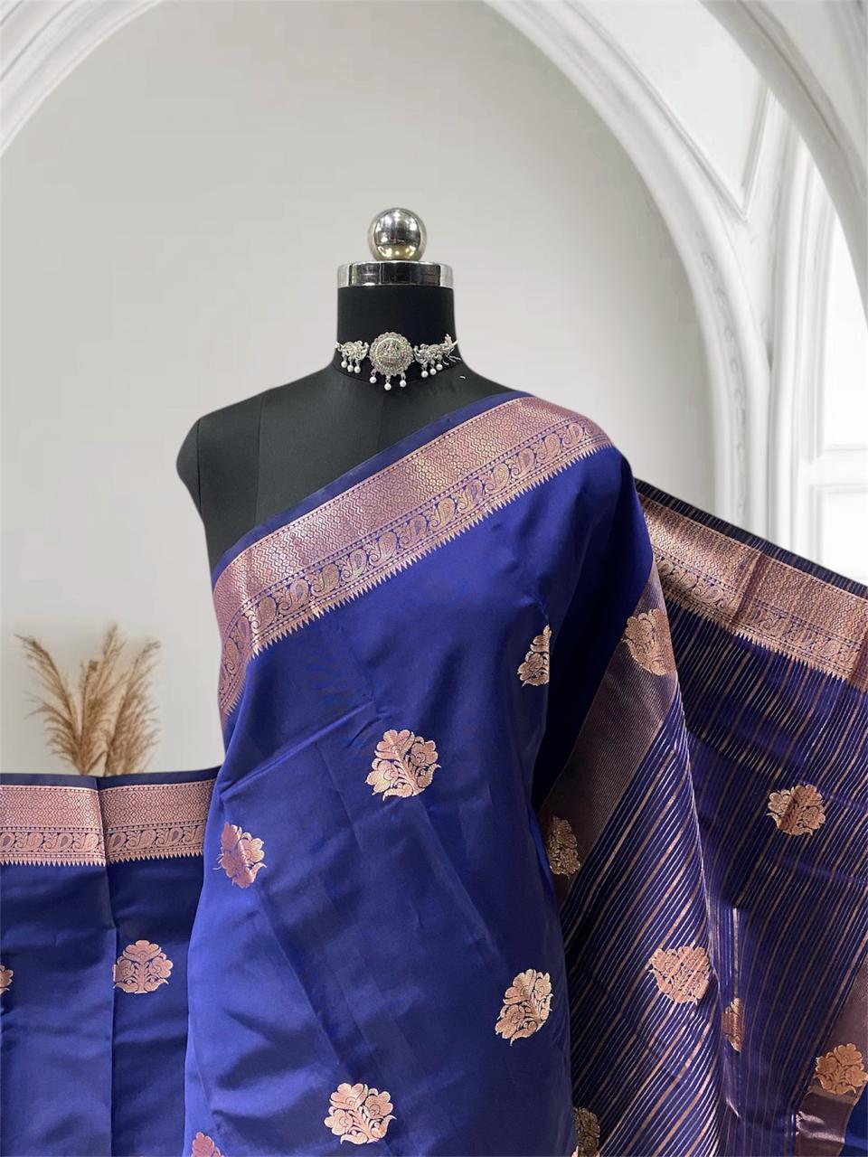 Seetha Soft Silk Sareewith Golden Floral Zari Blue