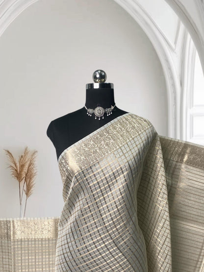 Ambika Tissue Saree with Checks and Floral Border Off White (Easter Special)