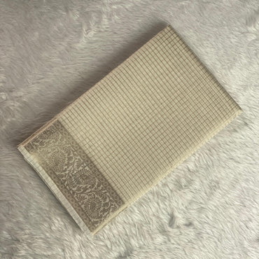 Ambika Tissue Saree with Checks and Floral Mango Border Off White (Easter Special)