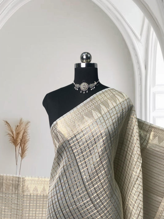 Ambika Tissue Checks and Triangle Border Off White (Easter Special)