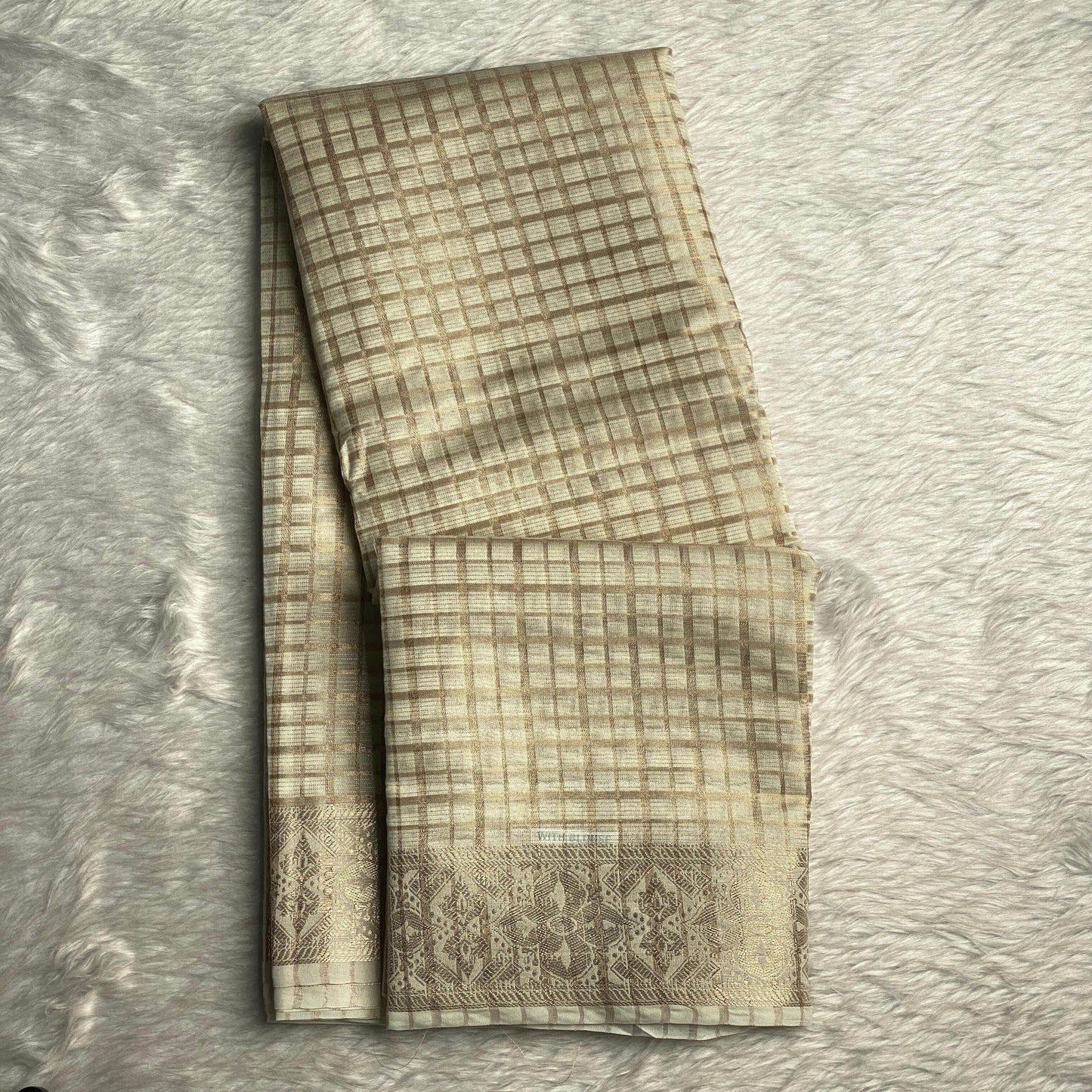 Ambika Tissue Saree with Checks and Geometrical Border Off White (Easter Special)