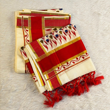 Classic Kerala Floral Print Saree with Tassels Red
