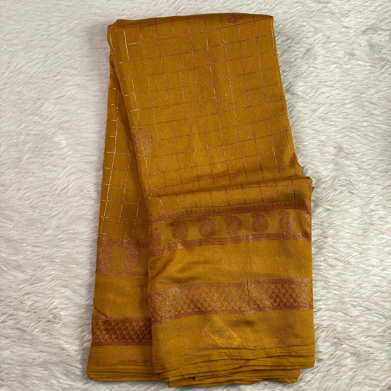 Veda Kashmiri Silk Big Checks Saree with Double Line Border Mustard