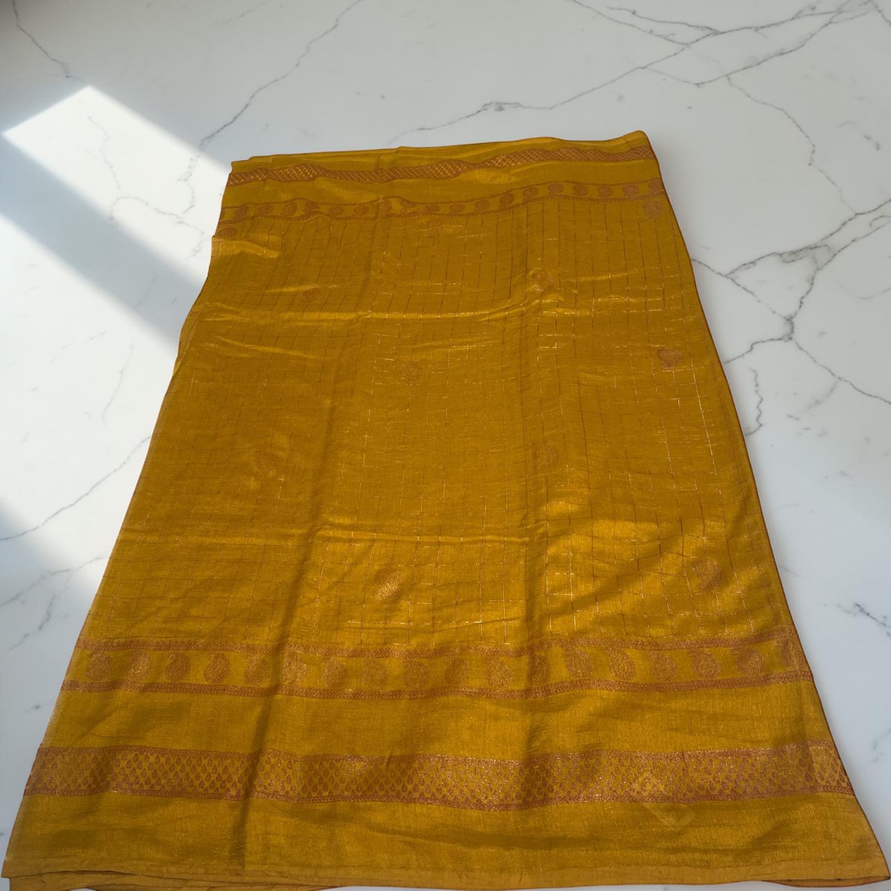 Veda Kashmiri Silk Big Checks Saree with Double Line Border Mustard