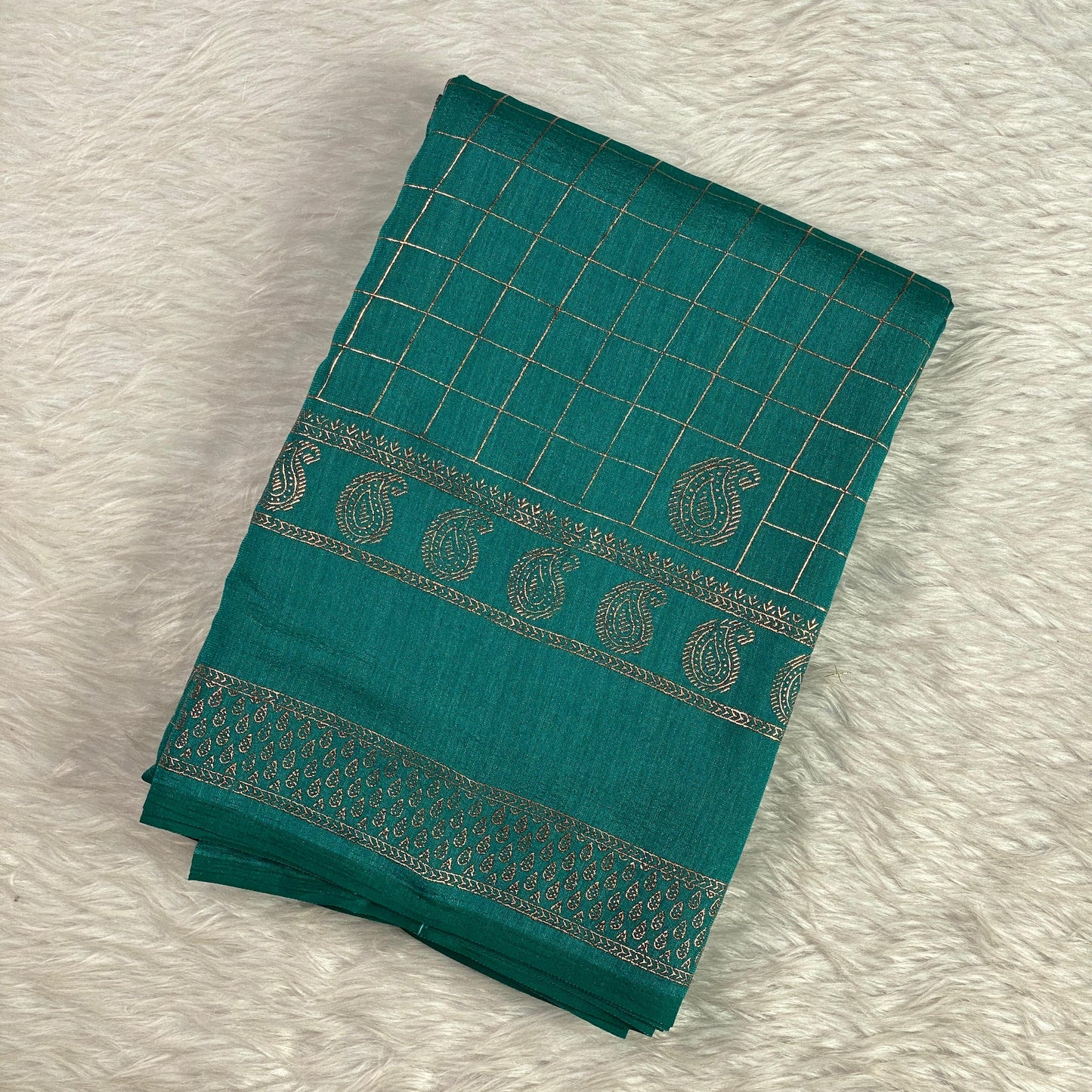 Veda Kashmiri Silk Big Checks Saree with Double Line Border Peacock Blue