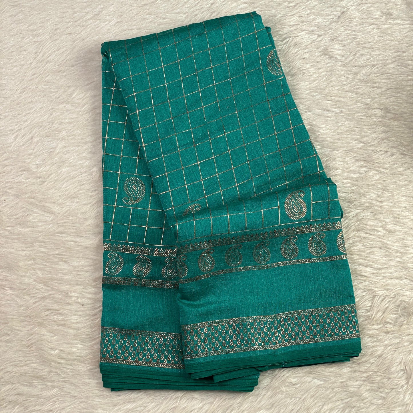 Veda Kashmiri Silk Big Checks Saree with Double Line Border Peacock Blue