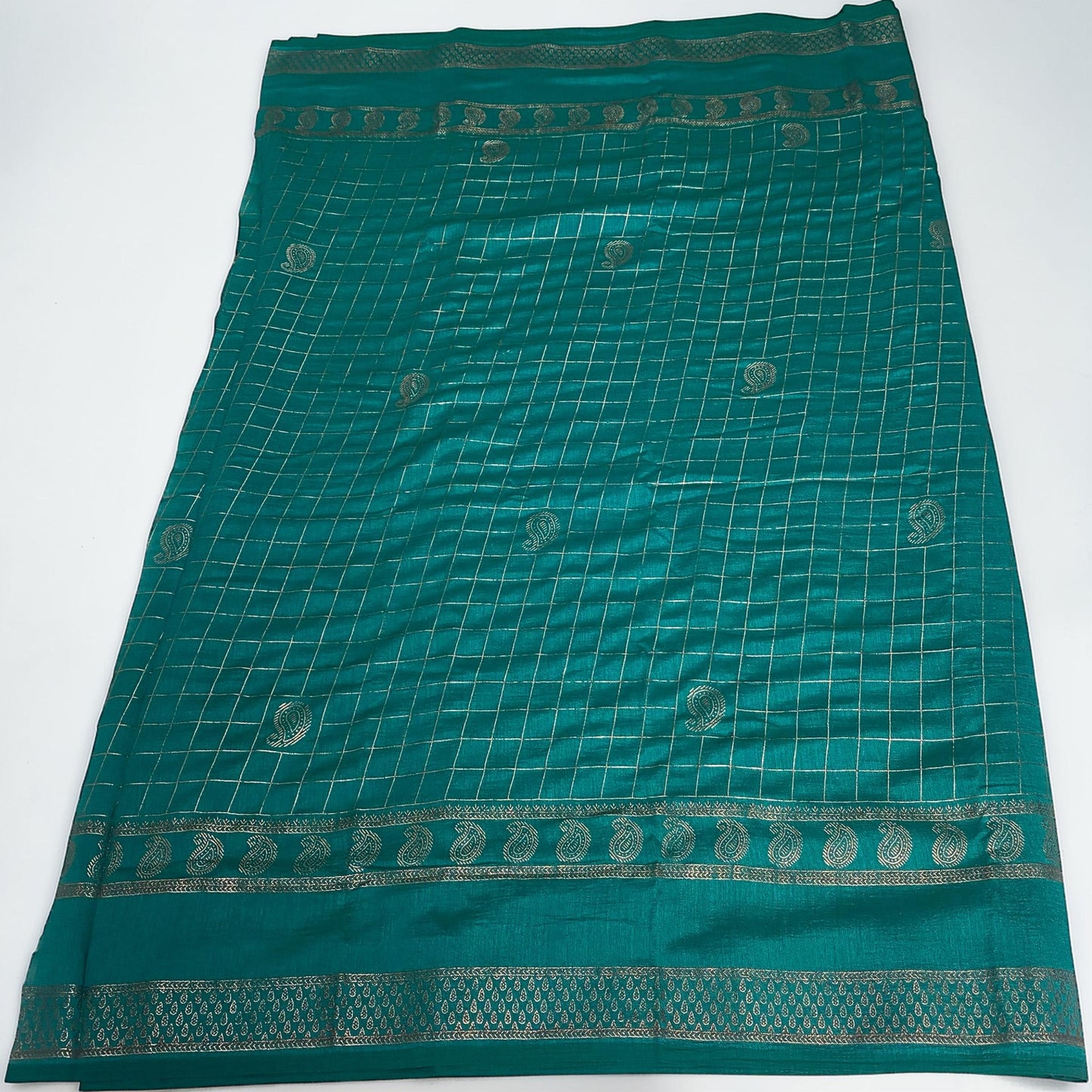 Veda Kashmiri Silk Big Checks Saree with Double Line Border Peacock Blue